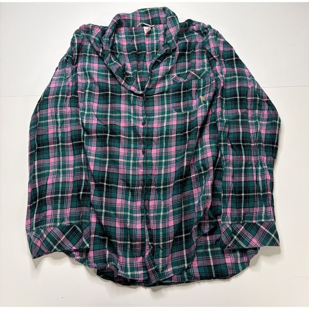Victoria Secret Sleeping Garment Emerald Green Pink Button Up shirt Women's XL.